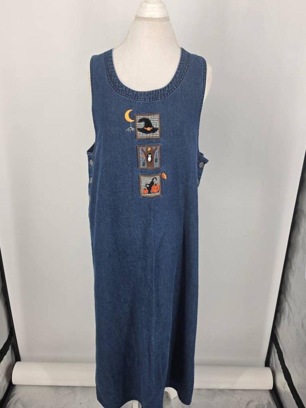 Vintage White Stag Womens XL Halloween Denim Jumper Dress Whimsigoth Cat Witch